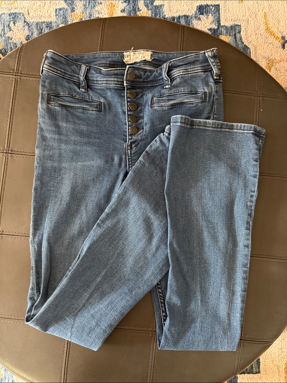 Free People Mid-High Rise Button-Fly Bootcut Jeans in Blue Wash
